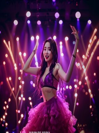 美女直播主播陈小悦在直播间展示舞蹈才艺，粉紫灯光闪烁，现场气氛热烈